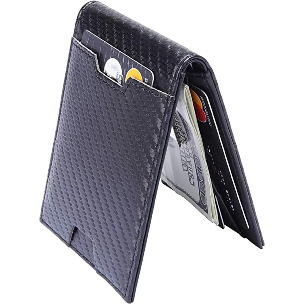 Bifold Wallet with Money Clip Leather Front Pocket RFID Blocking Carbon Fiber